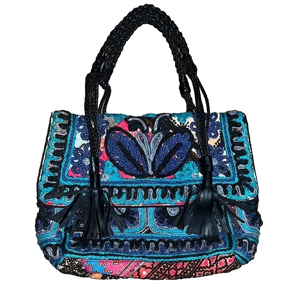 Anthropologie ibBan Dalasa Tote Boho Fringe Embroidered Patchwork Shoulder Bag